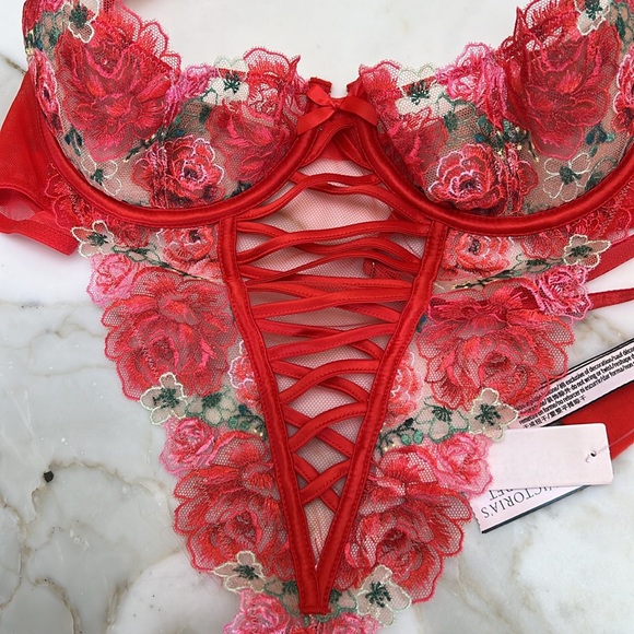 VICTORIA’S SECRET GORGEOUS LACY TEDDY W/SIDE TIES & G STRING NWT SZ-M 🧡❤️🩷 - Picture 7 of 8